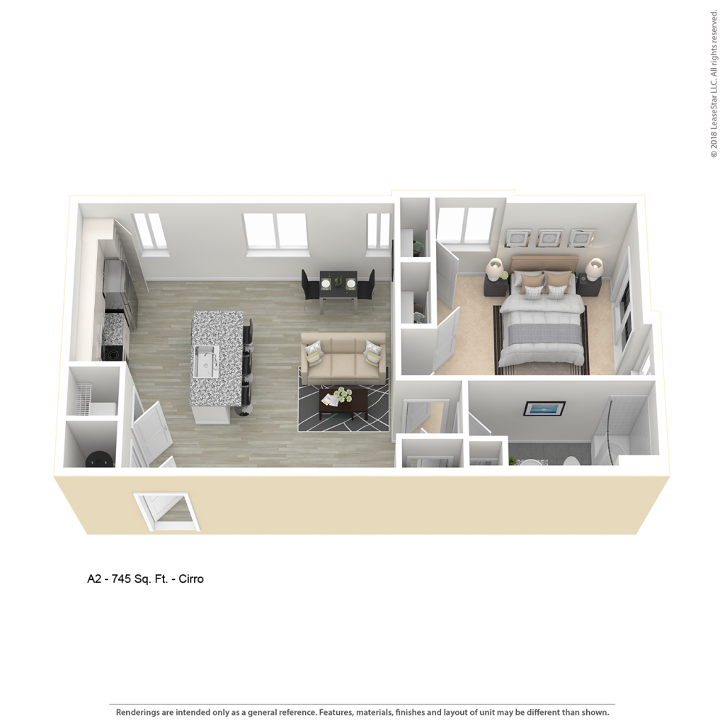 One bedroom apartment floor plan for CenterWest Cirro luxury apartments in downtown Baltimore MD