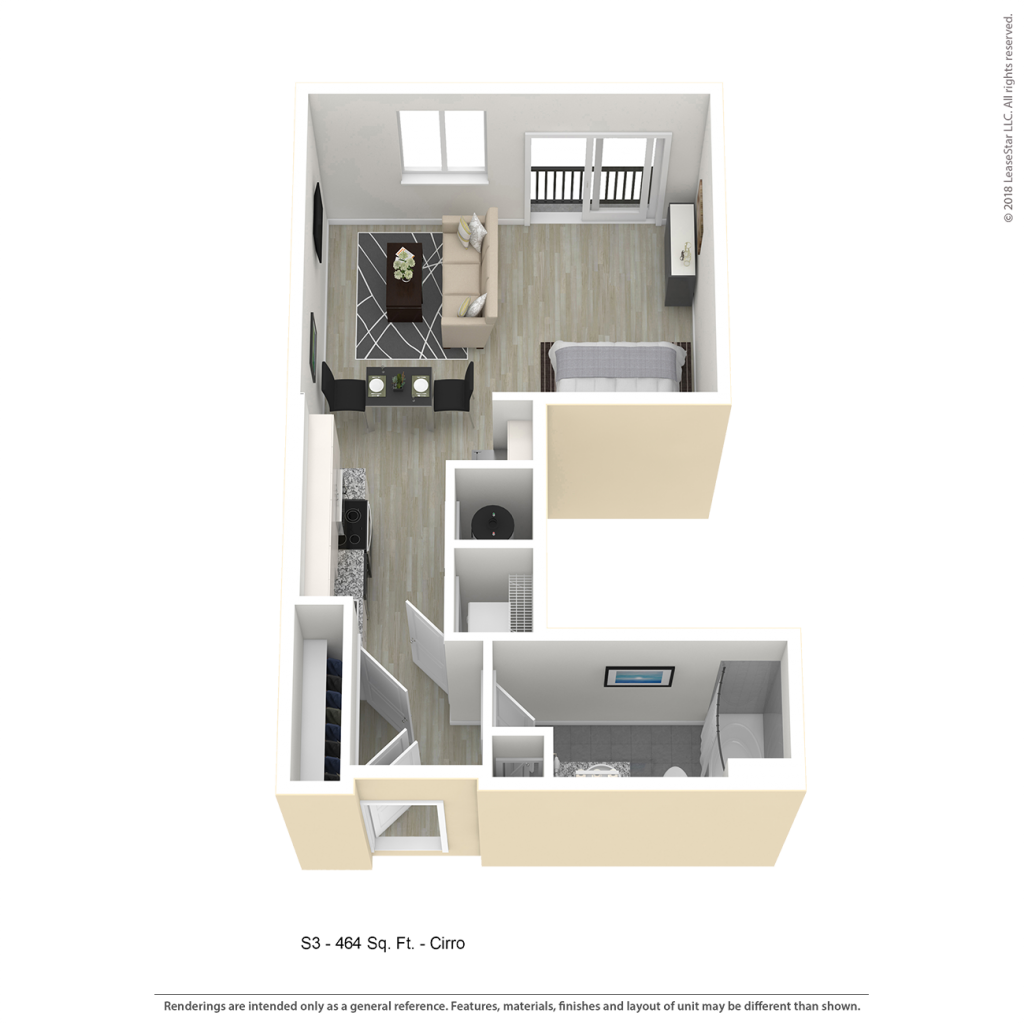 Studio apartment floor plan for CenterWest luxury apartments in downtown Baltimore MD